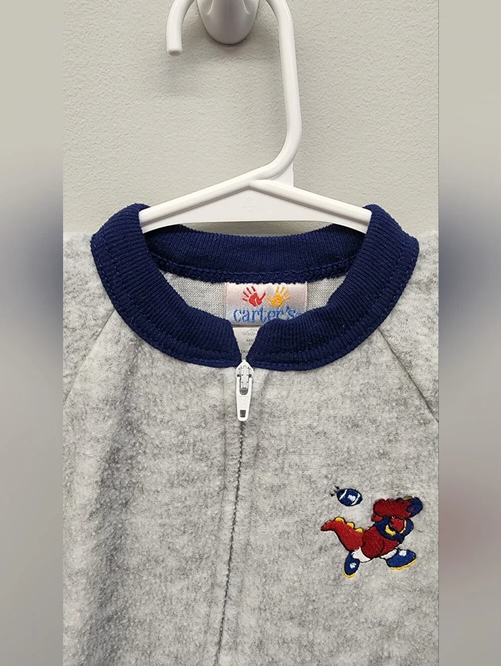 Vintage Carter’s Baby 6-12M Gray Fleece Footed Sleeper Football Dinosaur